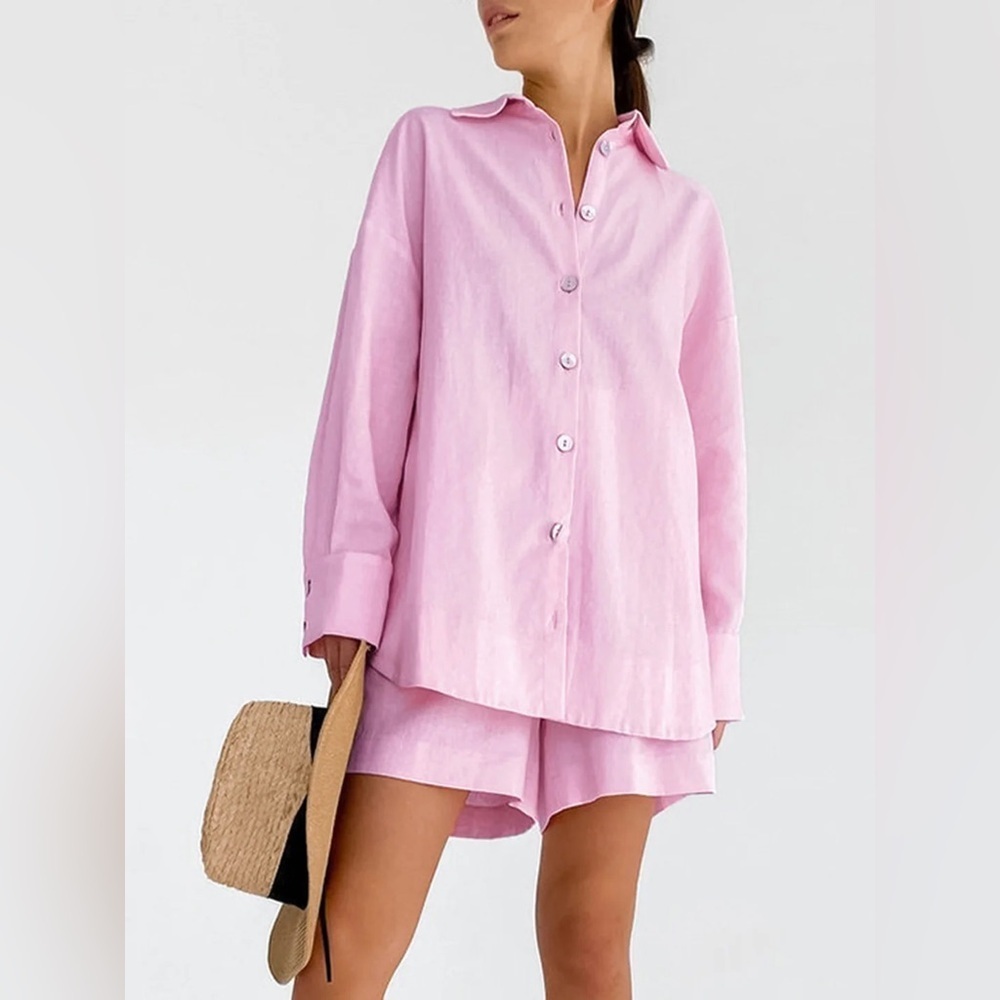 Commense Pink Cotton Beach Two Piece Shorts Set